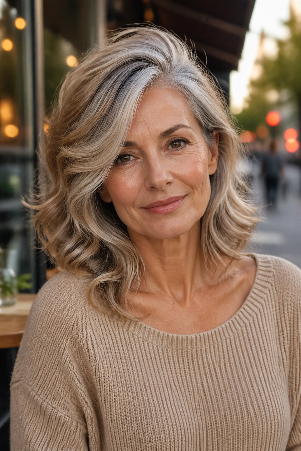 Real woman with deep side-part waves and lift at crown in golden-hour outdoor setting.