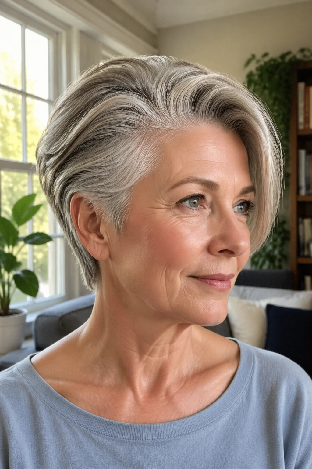 Portrait of a real woman with a side-part wedge and volume at the temple