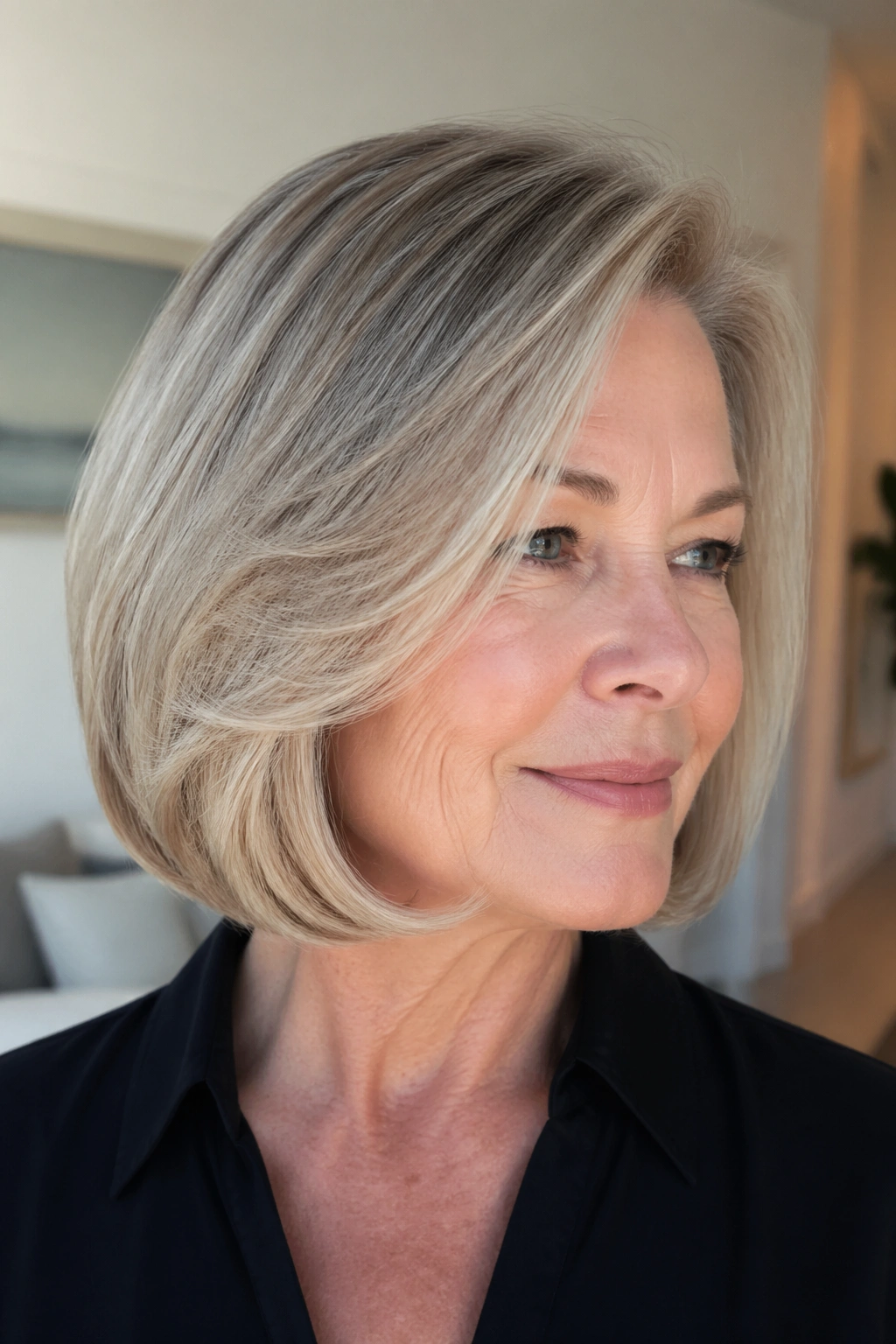 Real woman with side-parted blowout bob showing crown lift and curled-under ends.