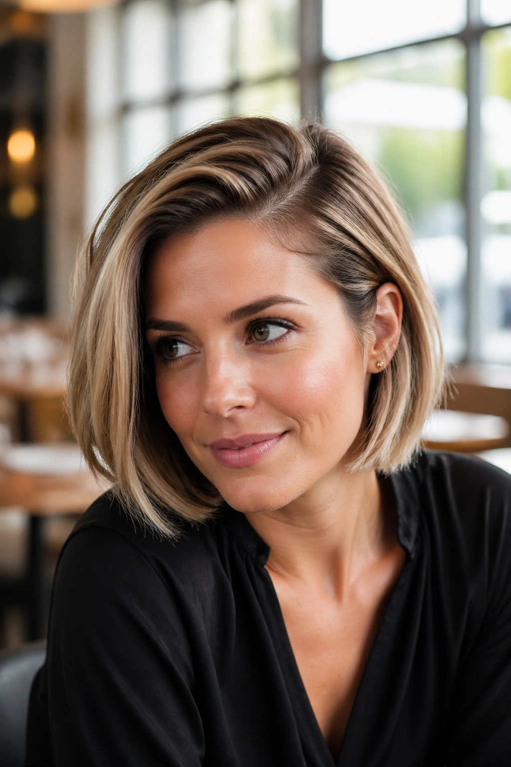 Close-up of real woman with side-parted bob showing root lift
