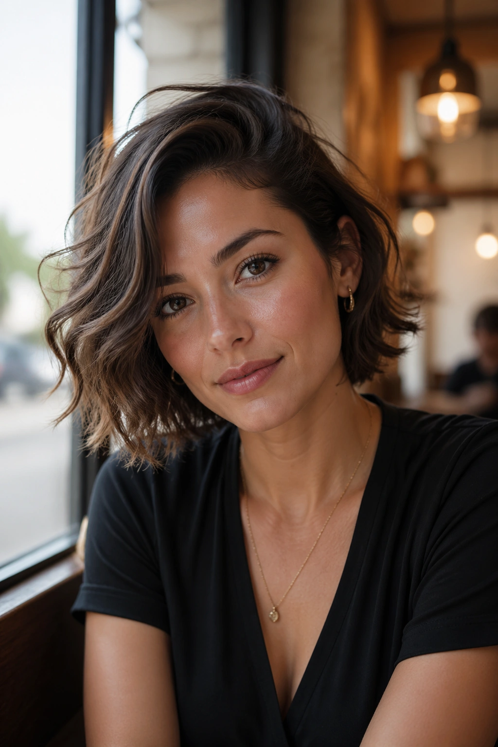 Portrait of a woman with side-parted tousled bob in natural daylight