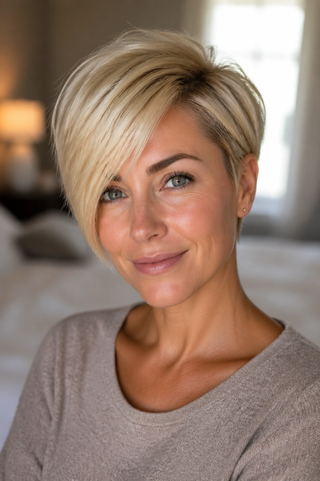 Close-up of a real woman with a side-parted crop and long fringe blonde hair