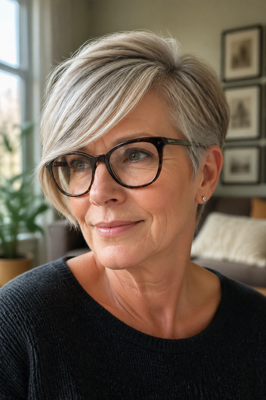 Close-up portrait of an older woman with a side-parted crop and long fringe wearing glasses