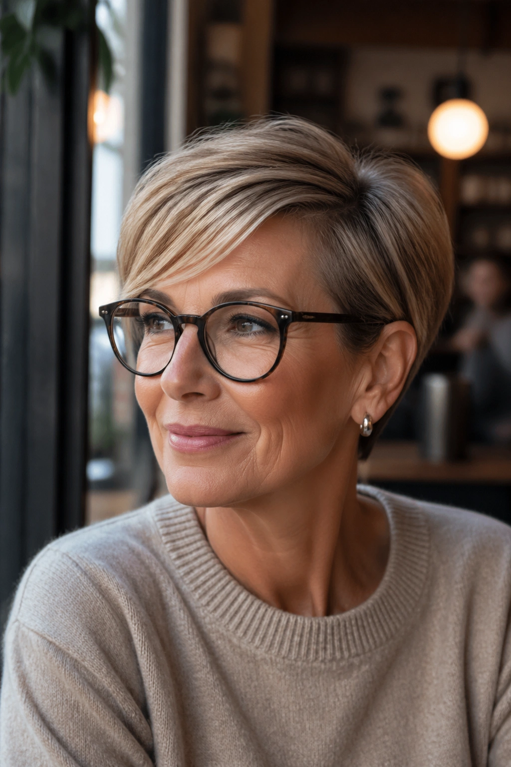 Close-up portrait of a real woman with side-parted crop hairstyle and glasses.