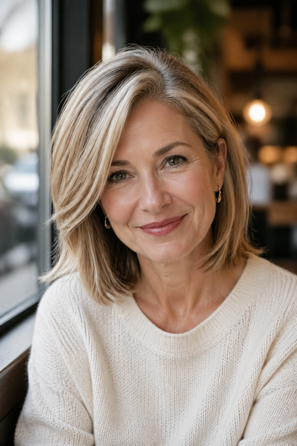 Portrait of a real woman with side-parted lob showing volume
