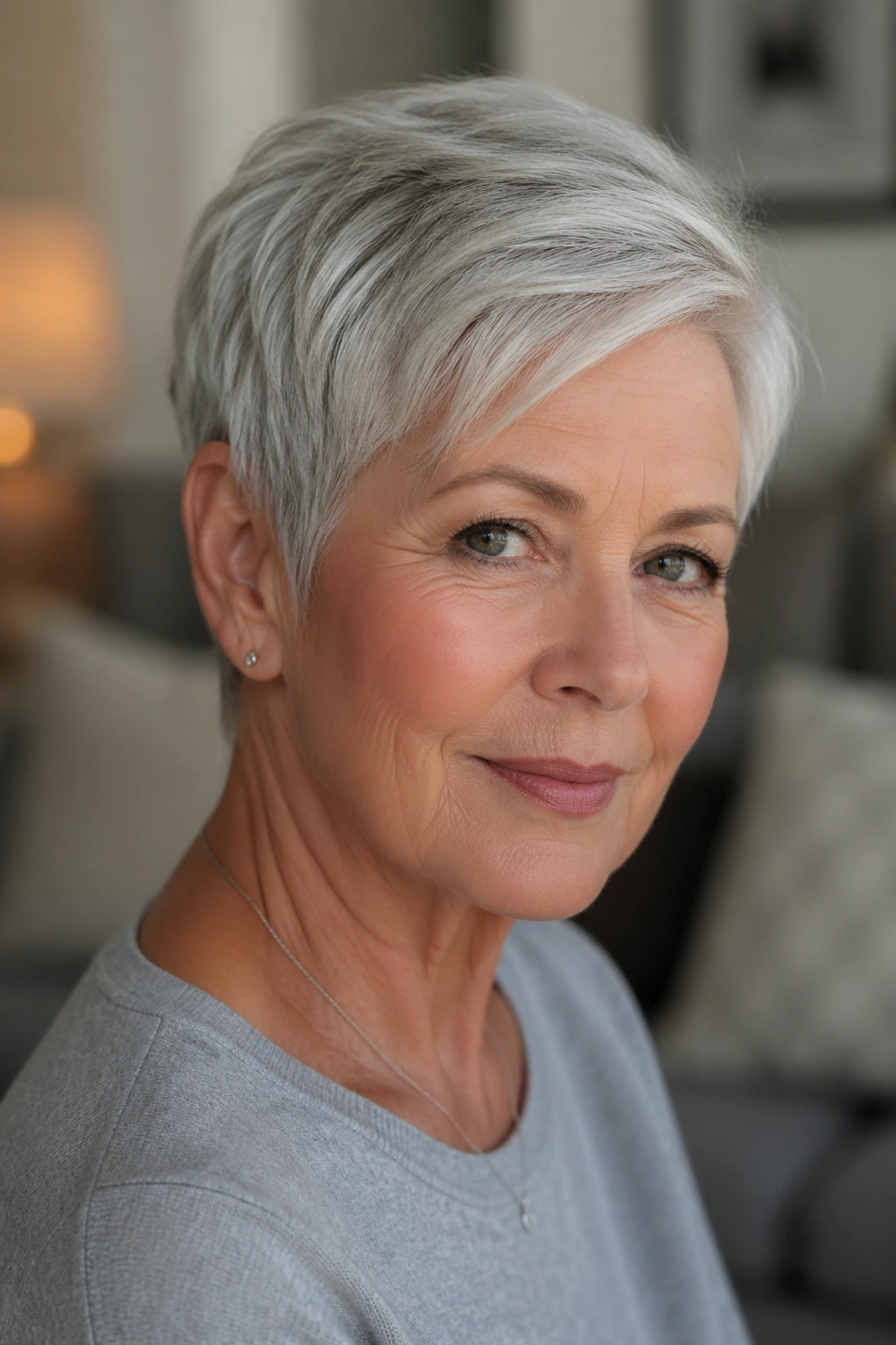 Close-up portrait of older woman with side-parted pixie hairstyle.