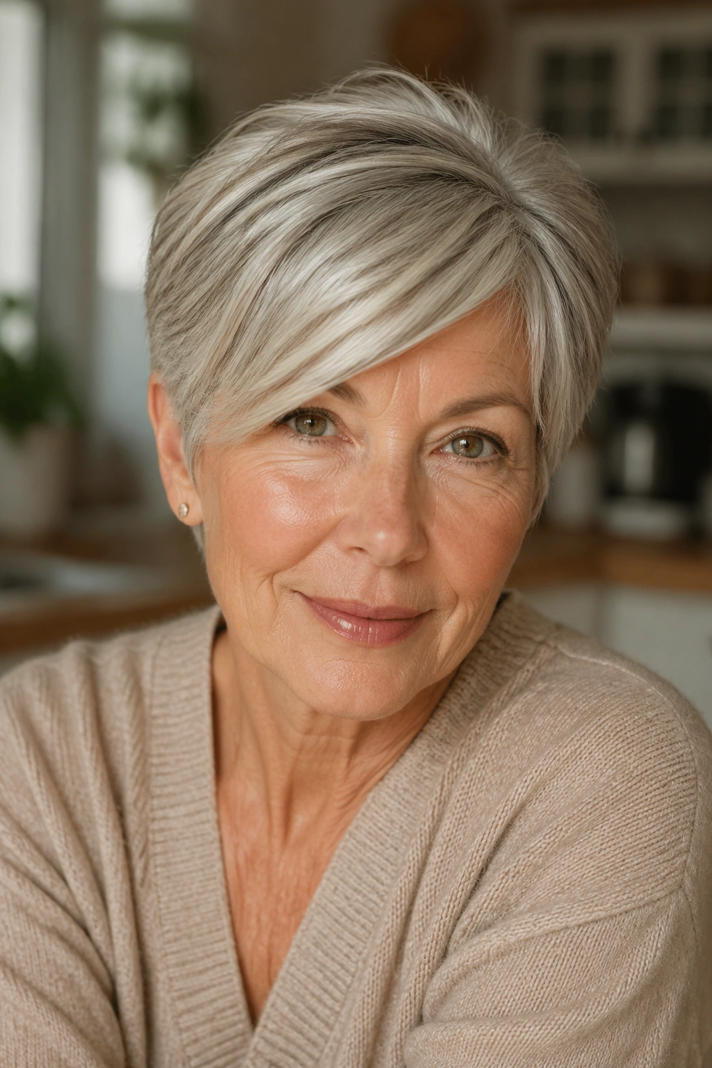 Close-up of a real woman with a side-parted pixie and swept fringe.