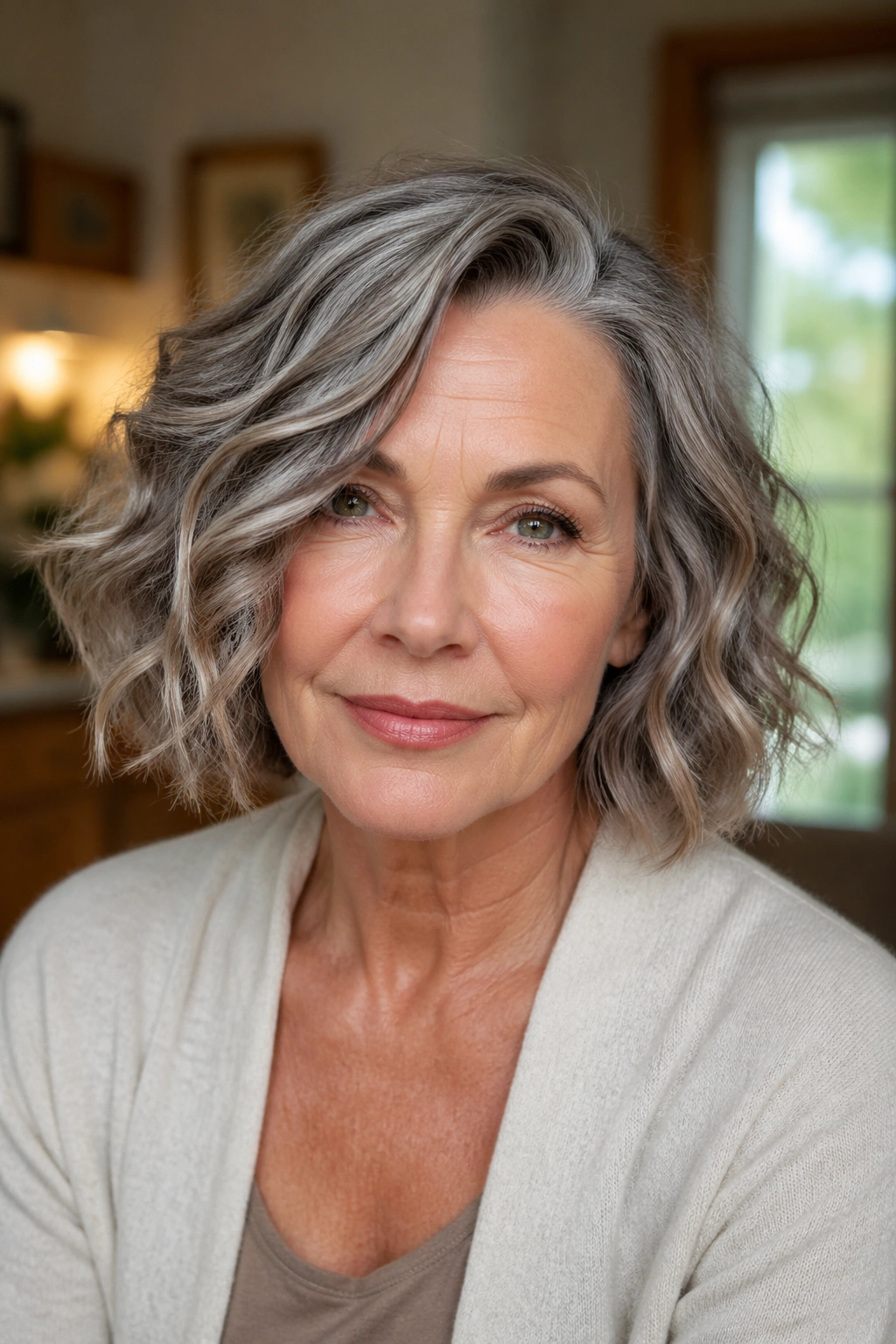 Portrait of a woman with a side-parted wavy bob