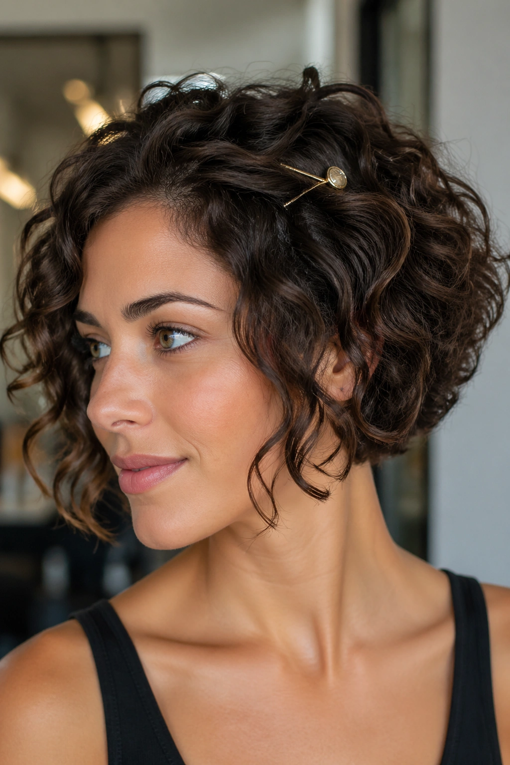 Close-up portrait of a real person with a side-pinned curly inverted bob finish