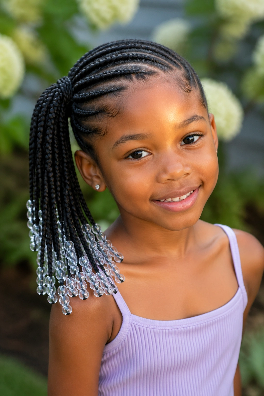 Child with side ponytail braids and crystal beads