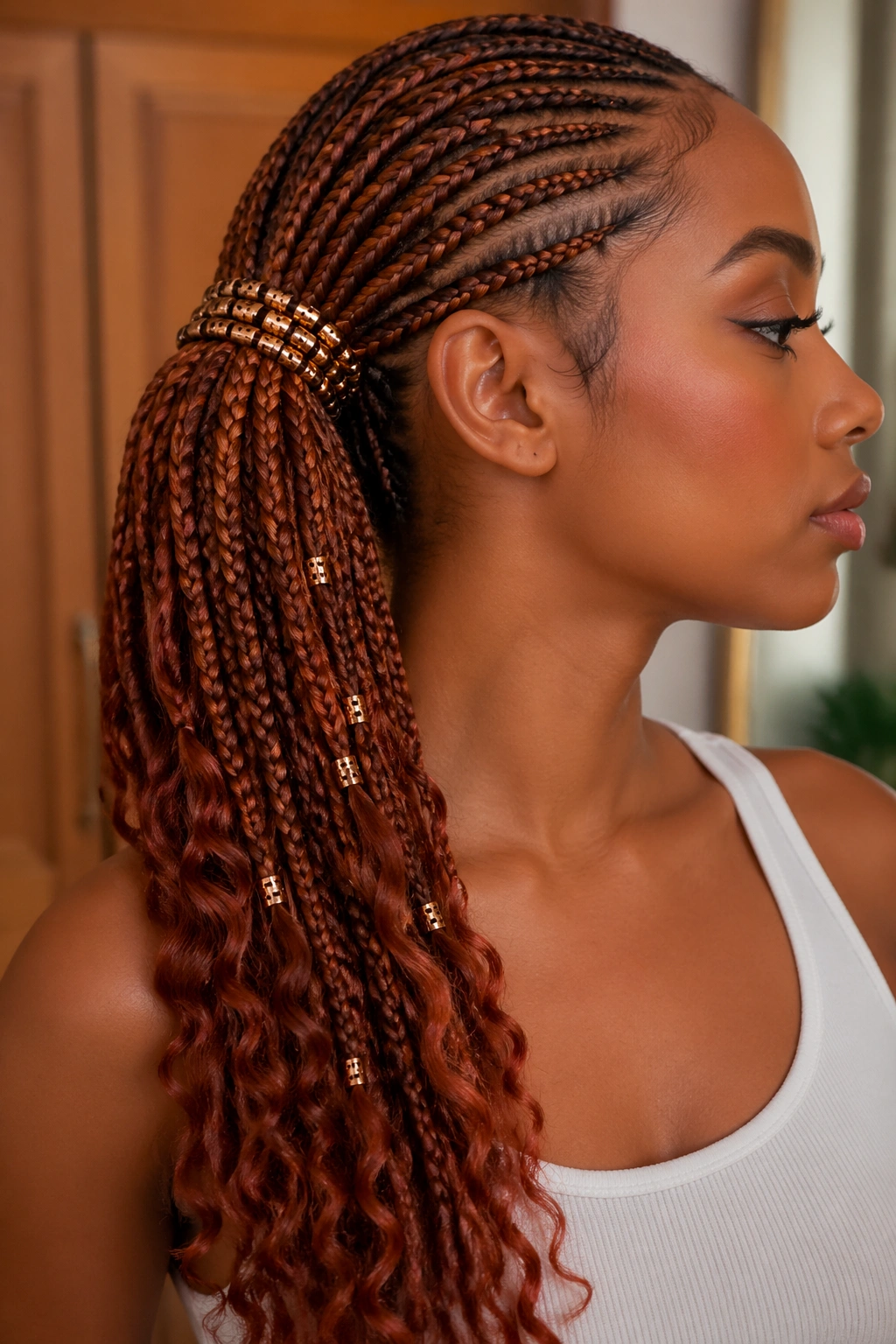 Real person with side ponytail braids and cinnamon rings along the length