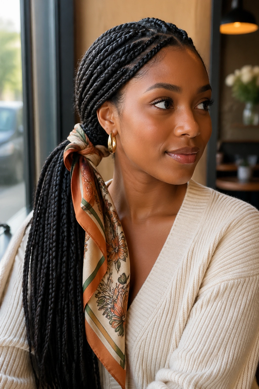 Real person with side ponytail and scarf in cafe light