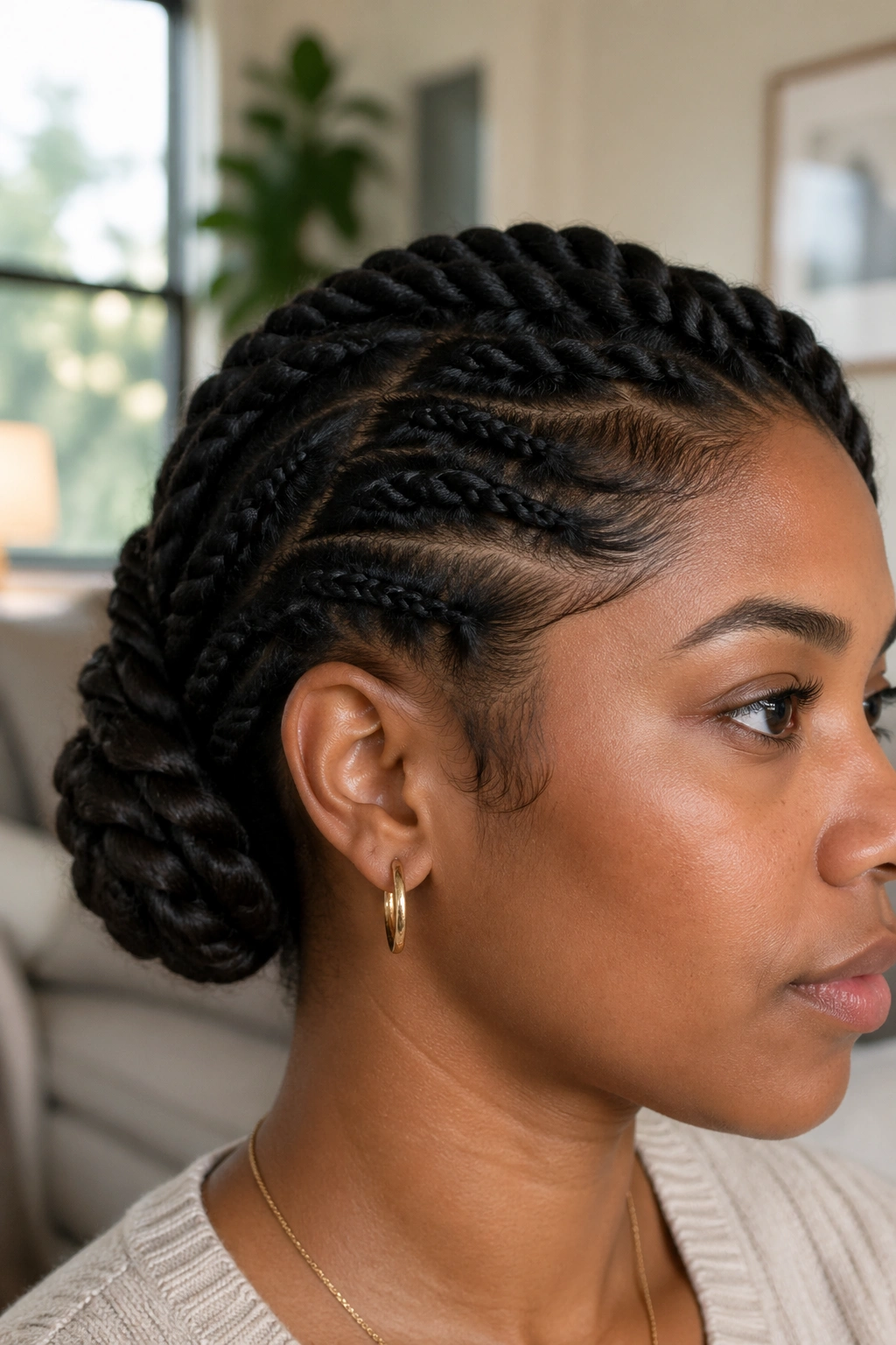 Side rope braid wrapped into a bun on a real person