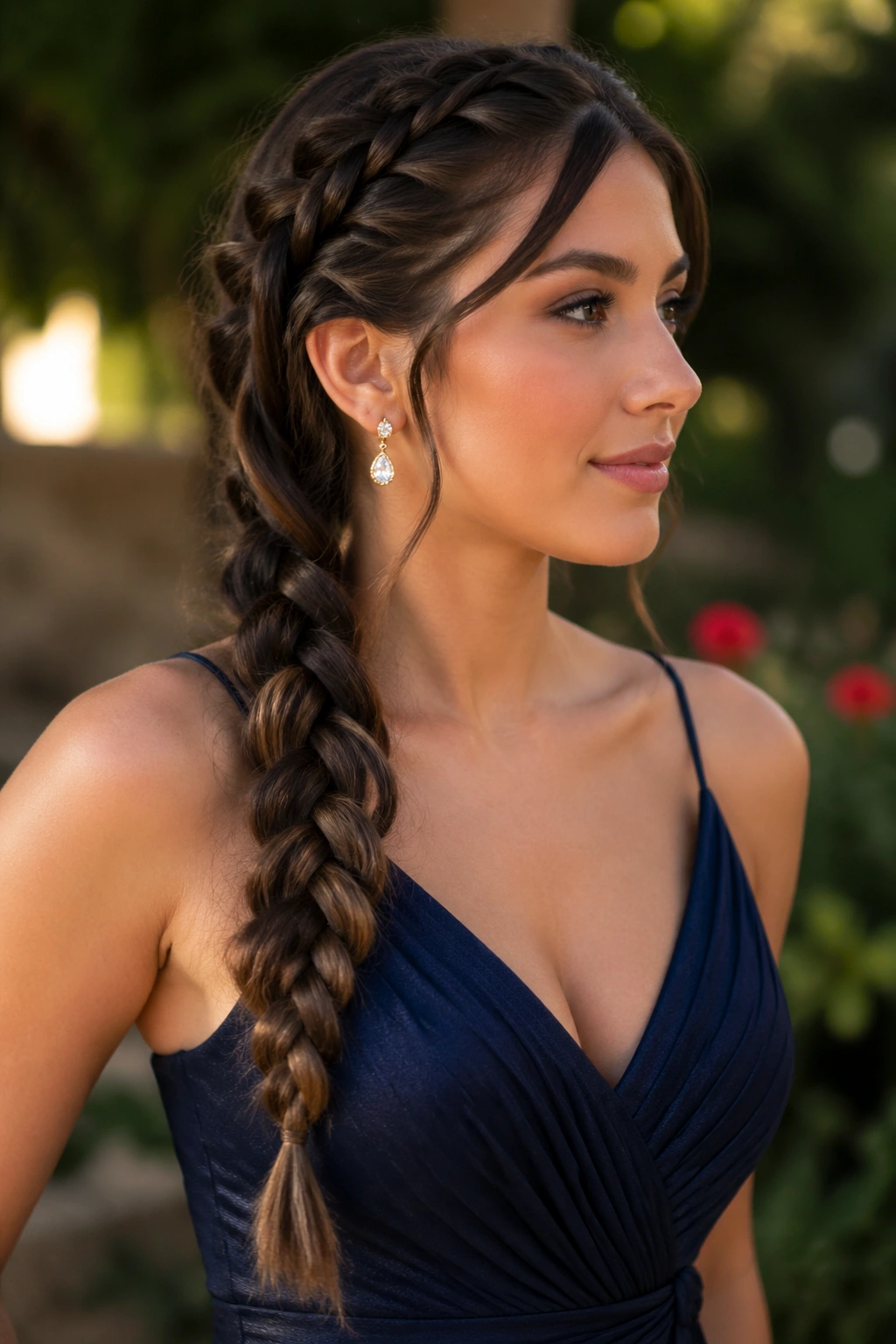 Close-up of a side rope braid on a real woman with a deep side part and draped braid