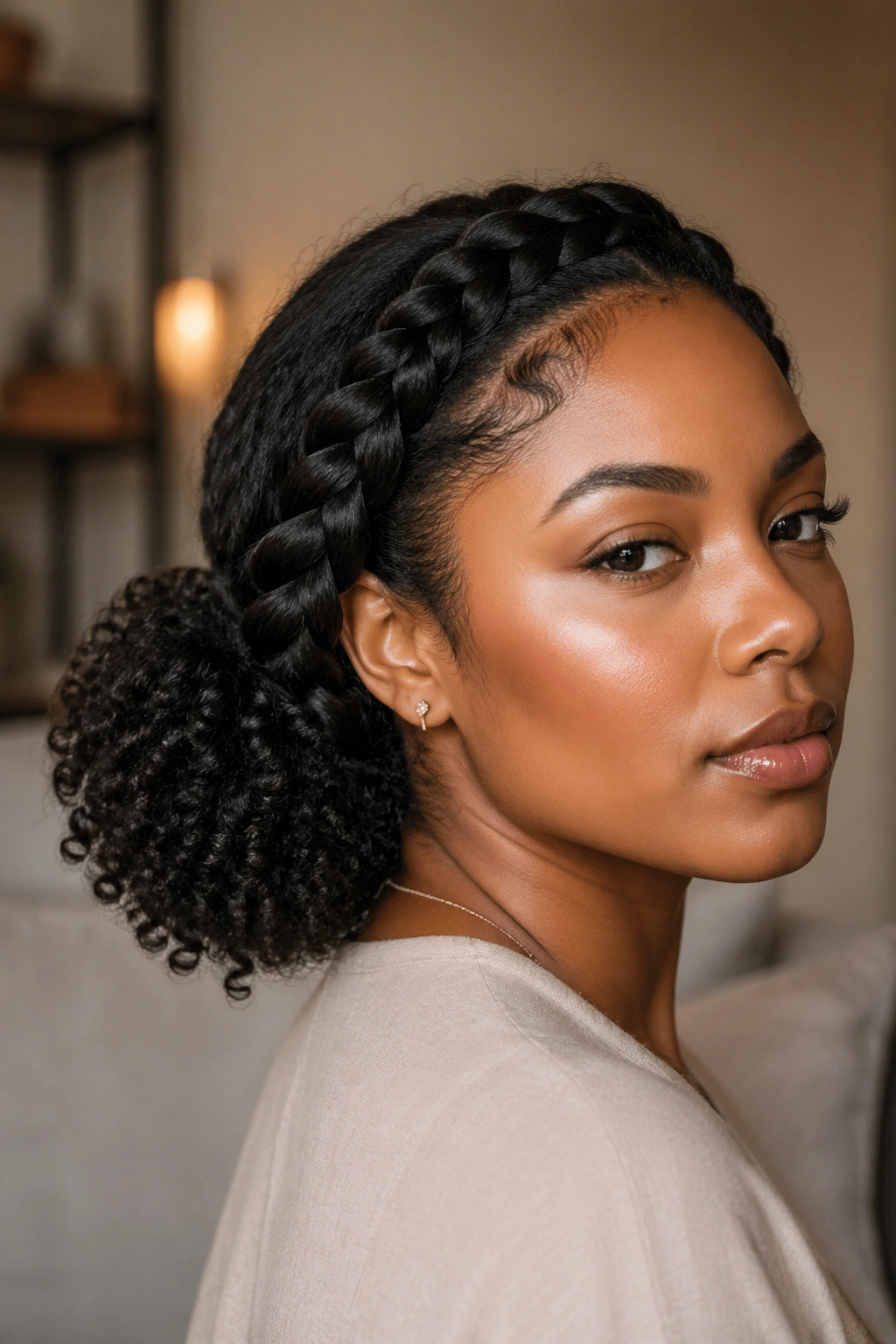 Close-up of a real woman with a side rope braid ending in a low puff