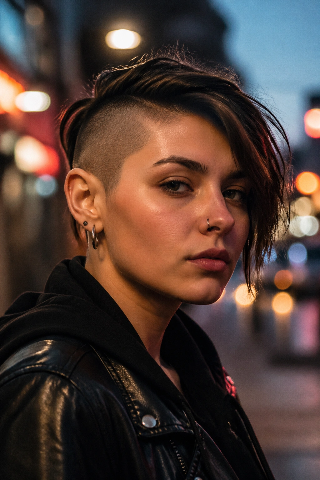 Close-up of real person with side-shaved crop on urban street at dusk