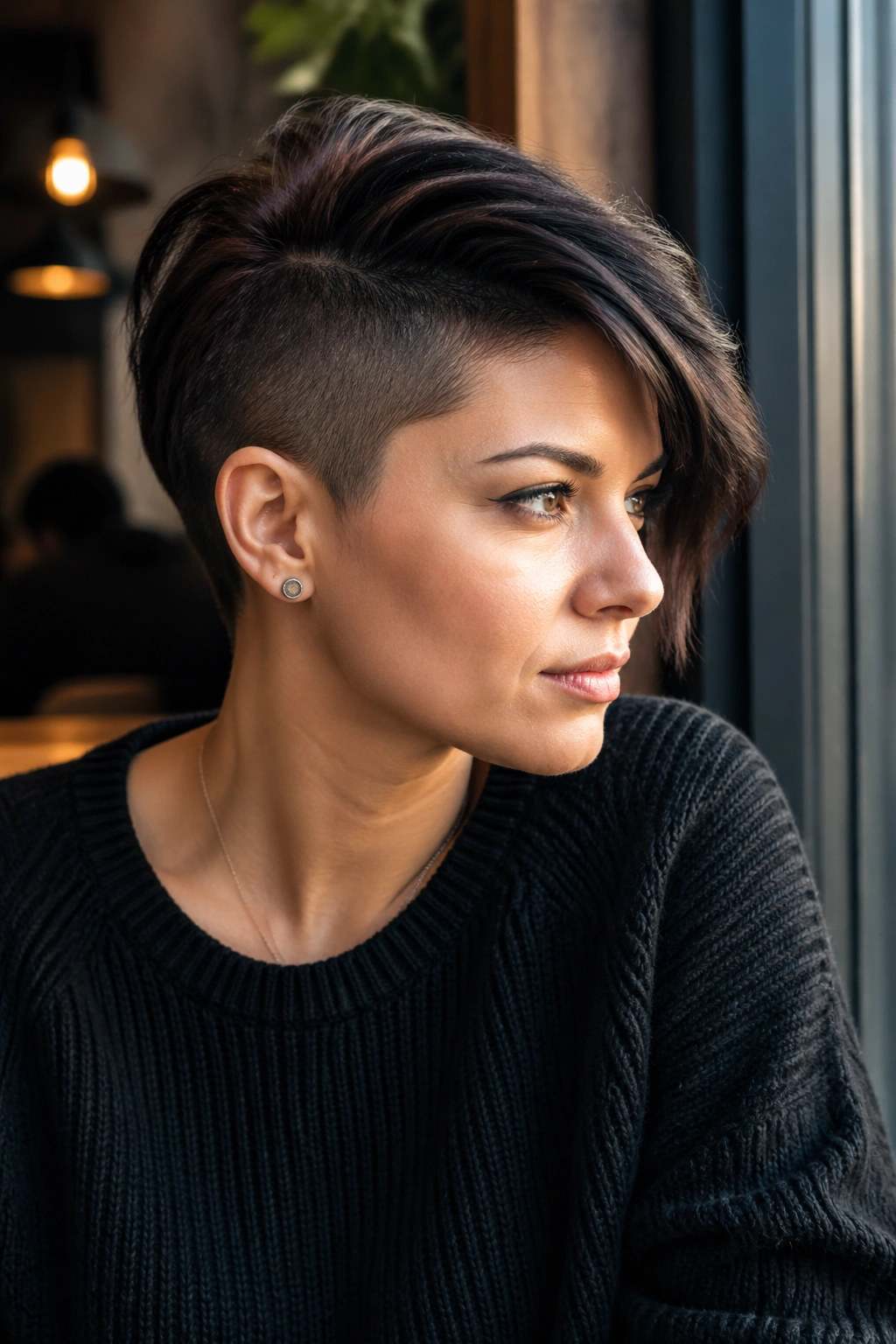 Close-up of a real woman with a side-shaved pixie hairstyle