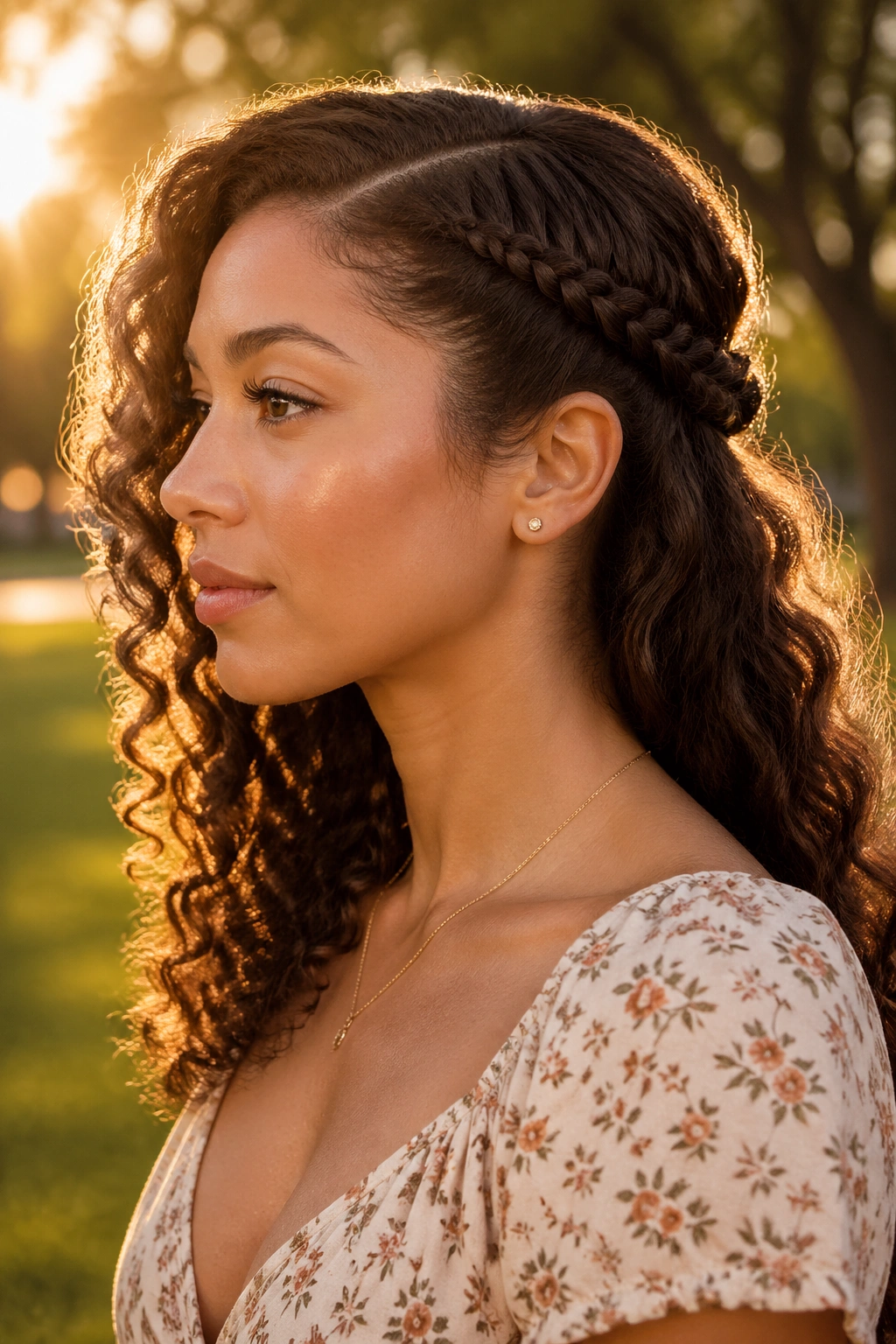 Side sweep braid for one-eared drama on real woman with side-part and pinned braid