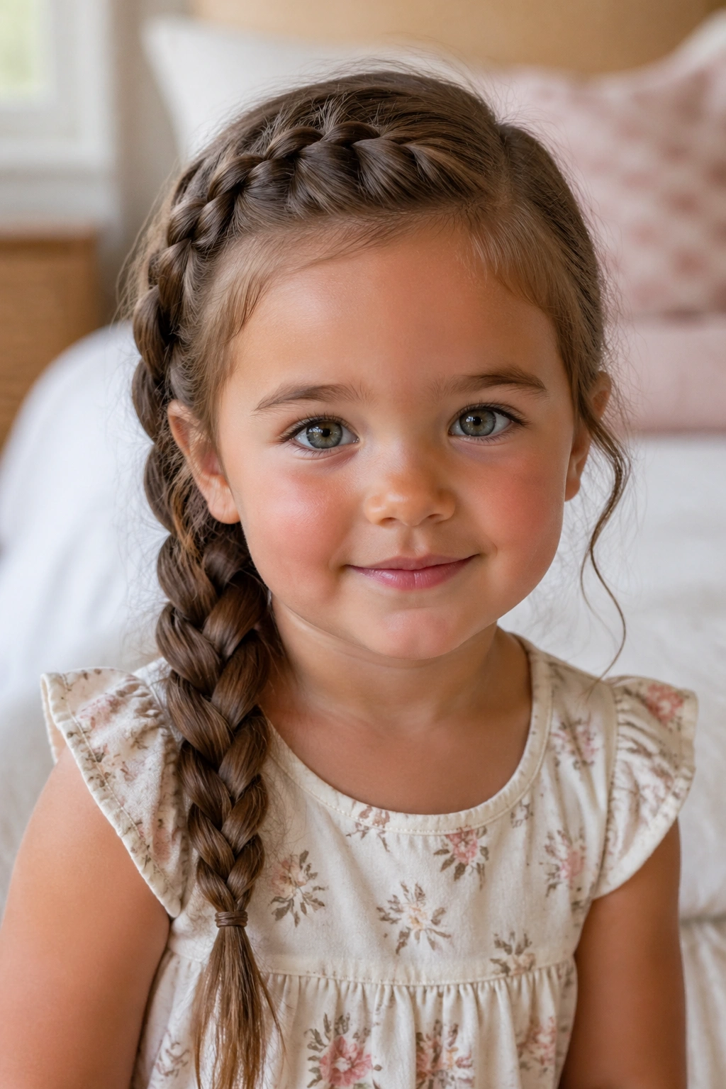 Close-up of a real toddler with a side-swept braid over the shoulder
