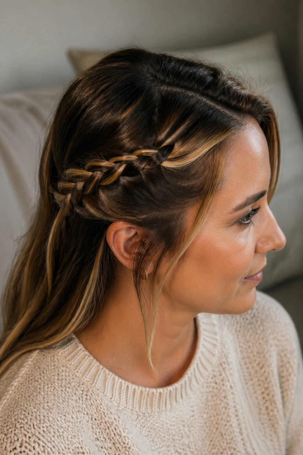 Close-up of a real woman with a diagonal side-swept baby braid