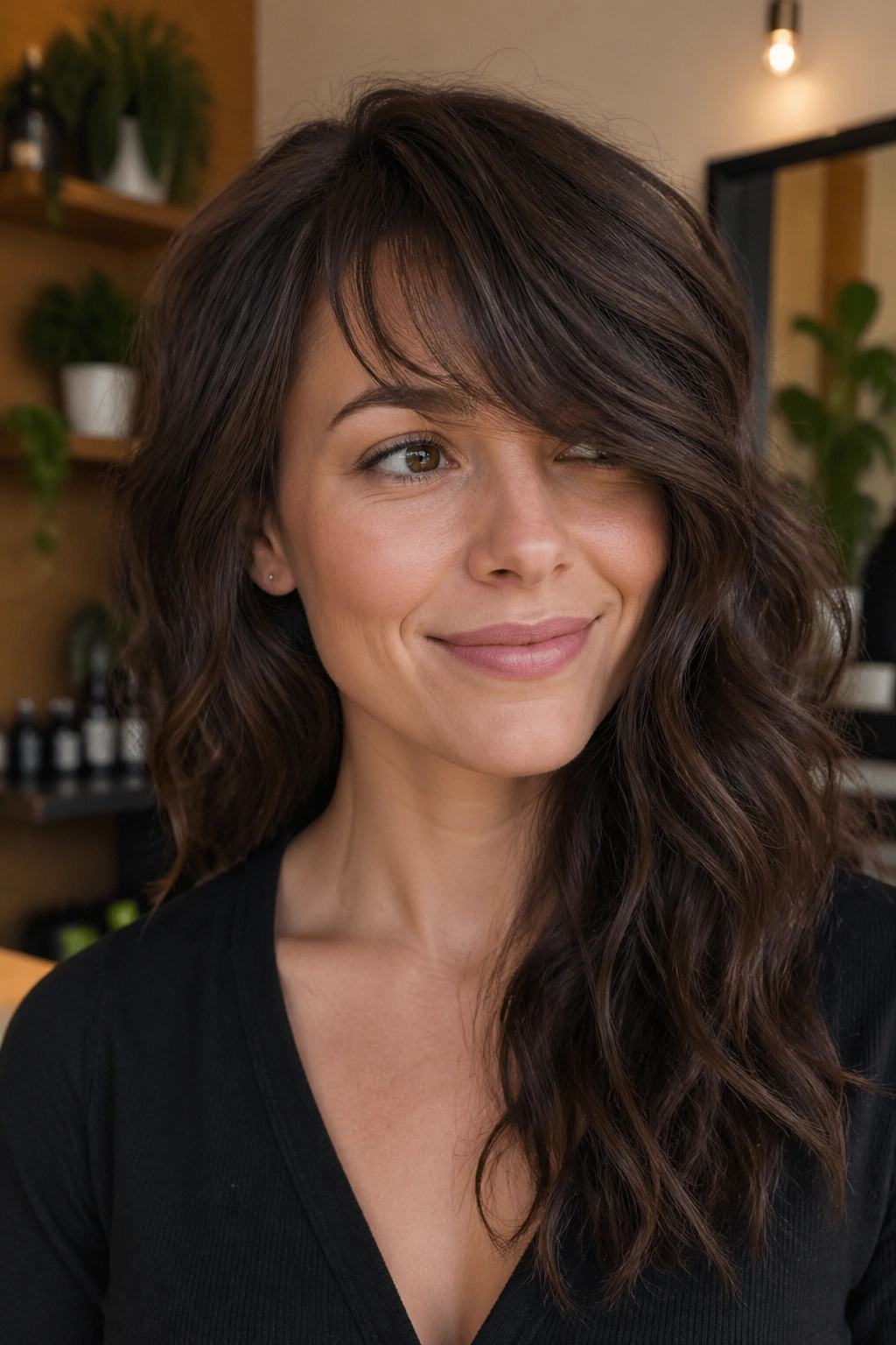 Close-up of a real woman with side-swept wispy bangs and asymmetrical waves in a warm salon setting
