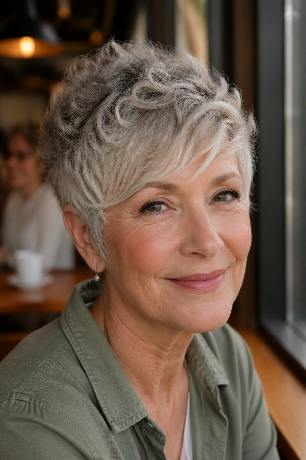 Close-up portrait of a real woman with side-swept bangs