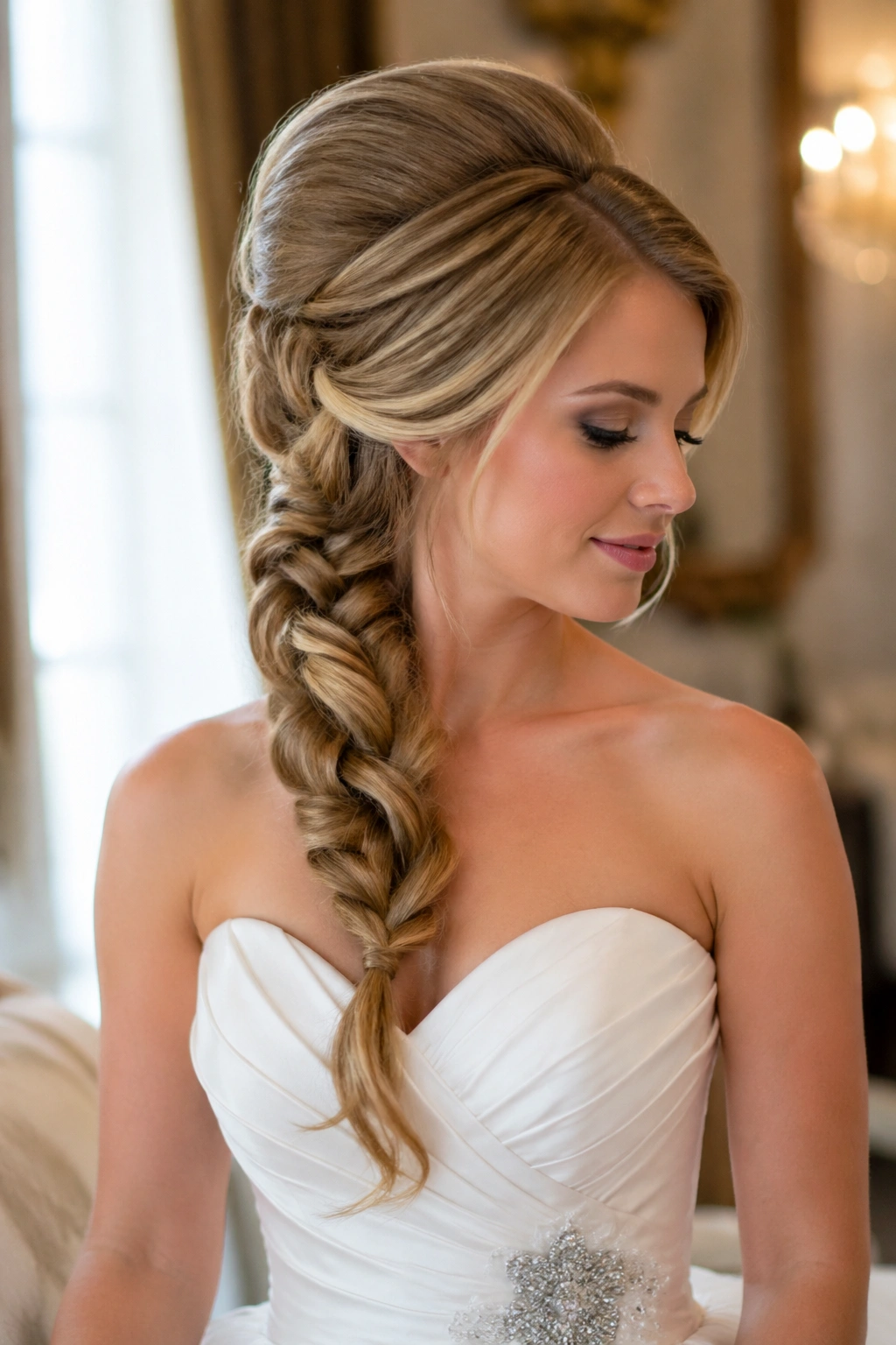Medium close-up of a real bride with a side-swept beehive braid over one shoulder