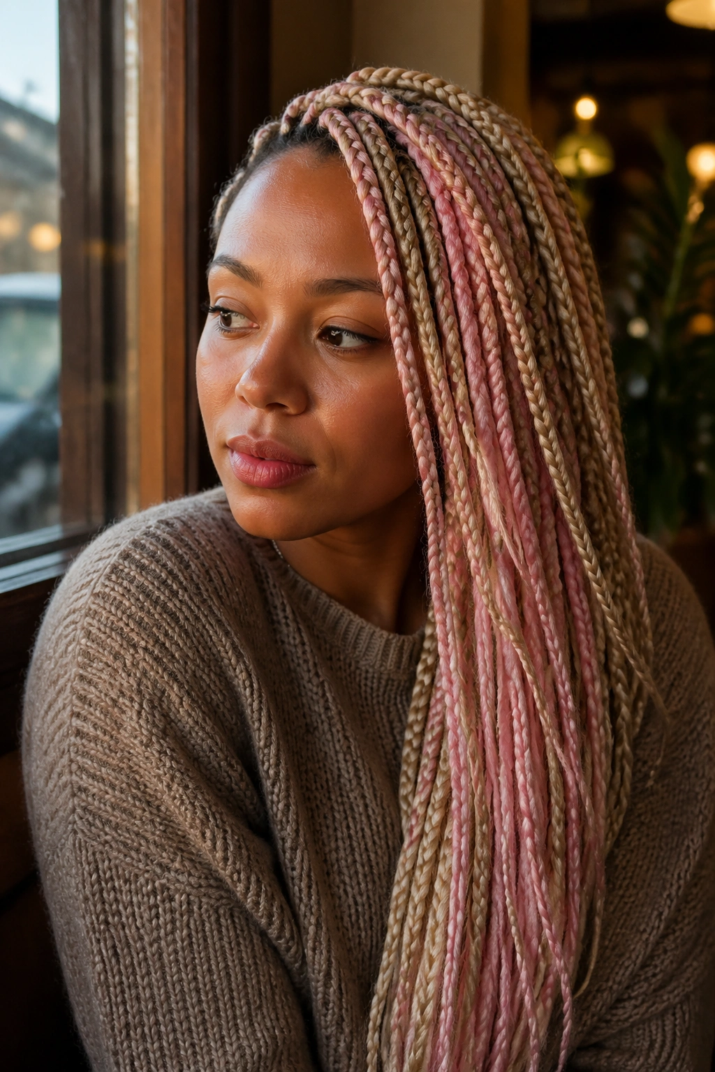Close-up of side-swept blonde and pink knotless braids on a real woman.