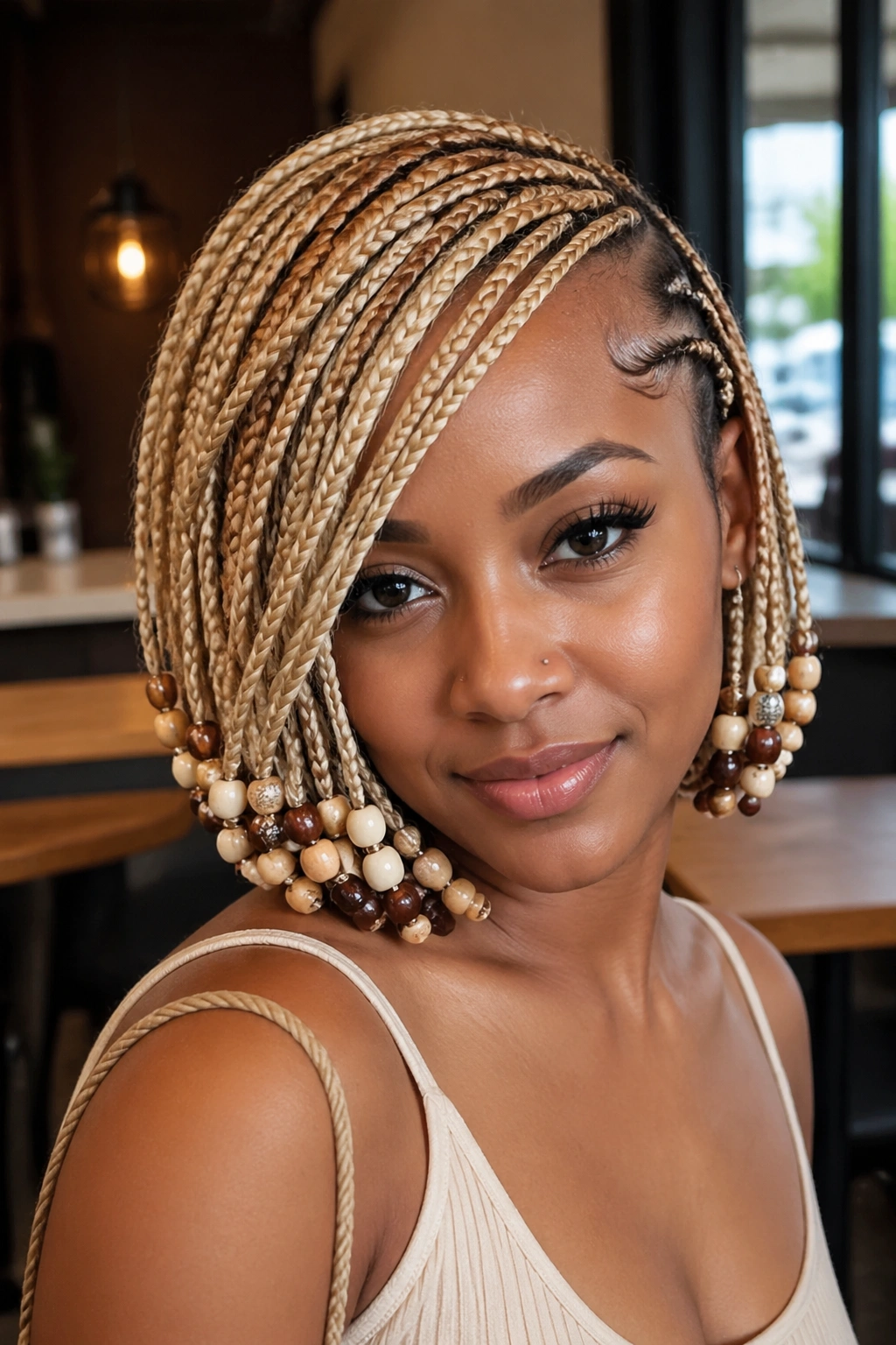 Side-swept layered bob with mixed-size beads on a real person