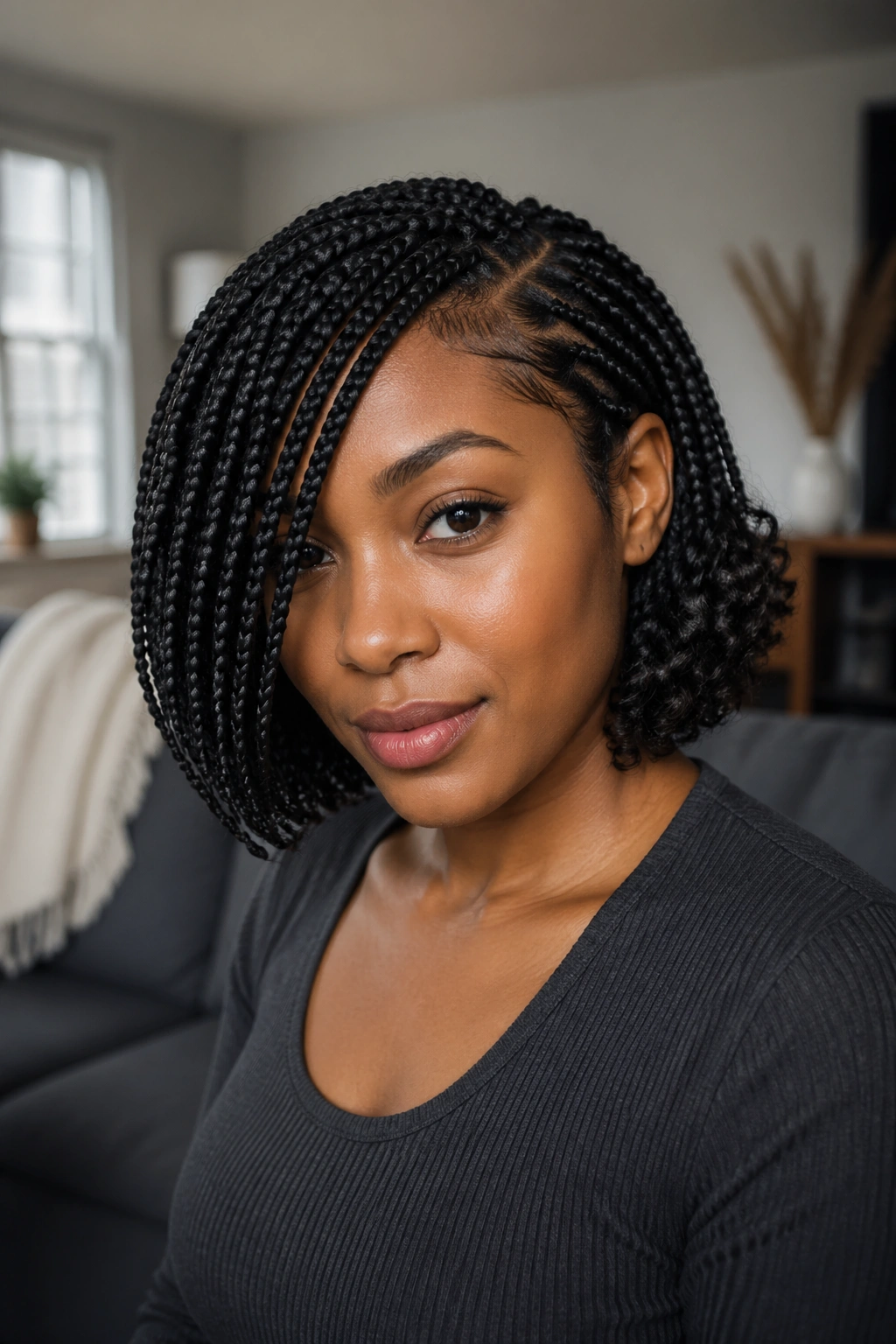 Close-up of a real woman with a side-swept bob and crochet waves under box braids
