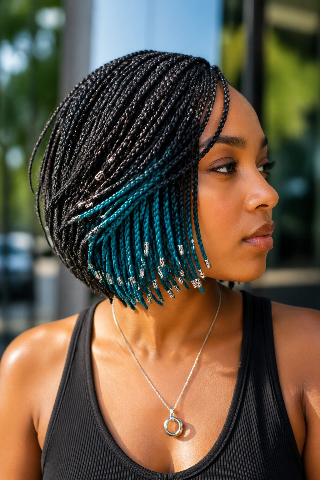 Portrait of a woman with a side-swept bob and turquoise peekaboo beads