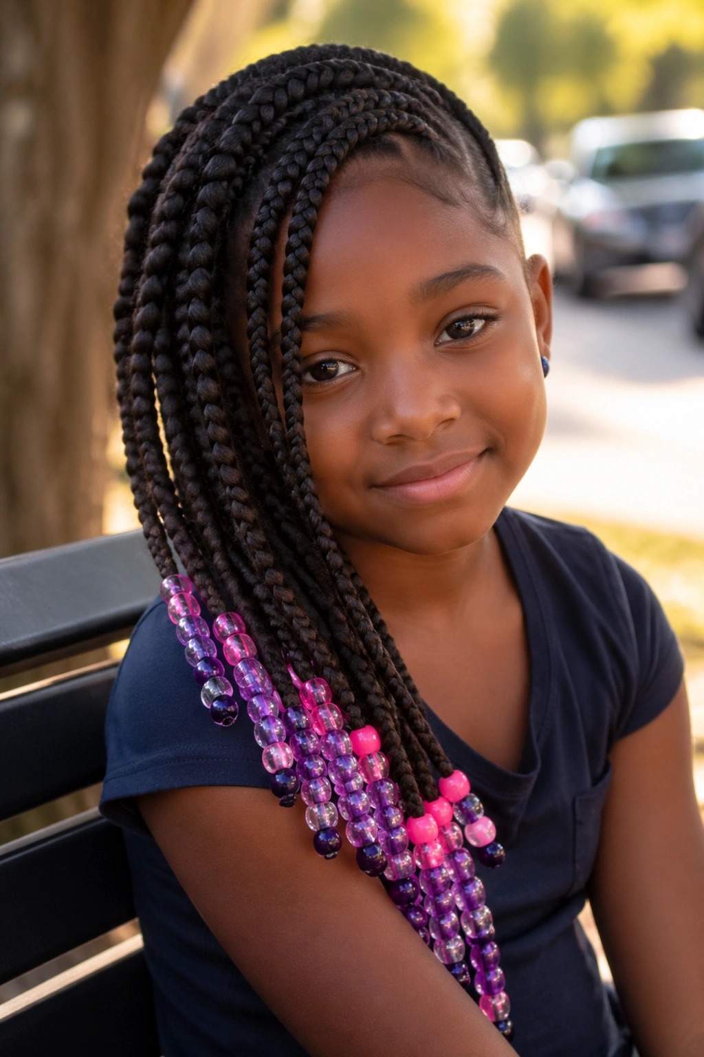 Close-up of a real child with side-swept jumbo box braids and beaded ends
