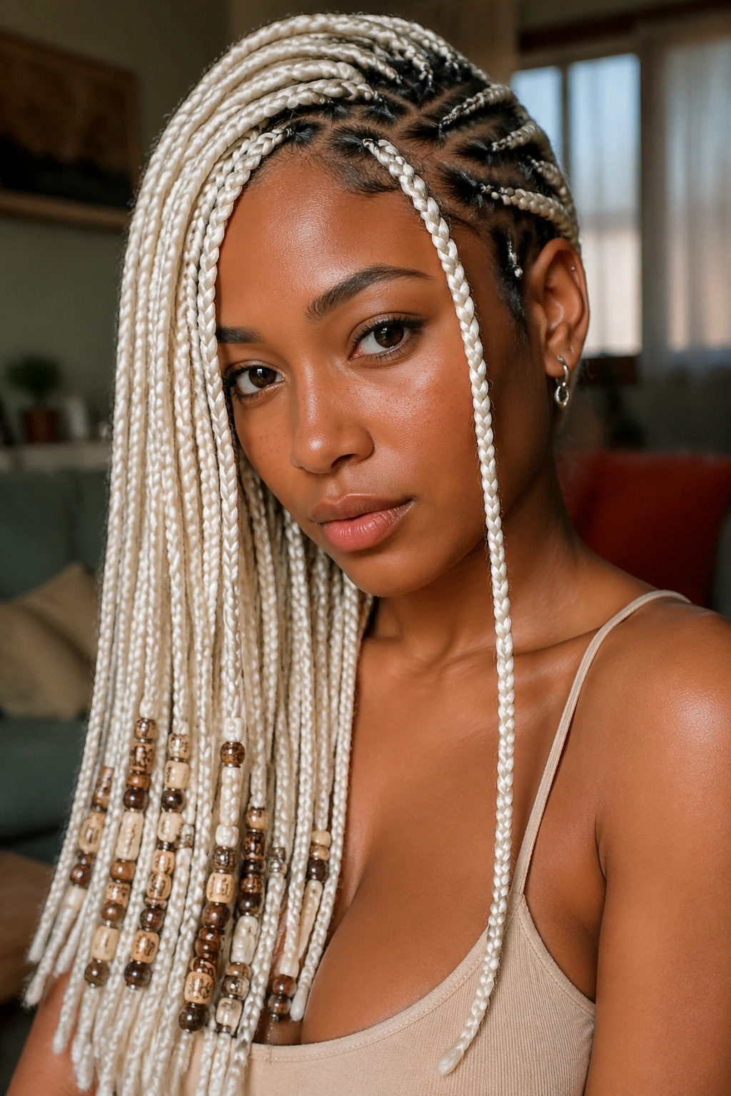Close-up of a real woman with side-swept white box braids and beads.
