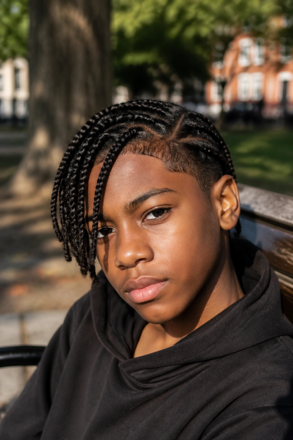 Portrait of a real boy with side-swept medium box braids