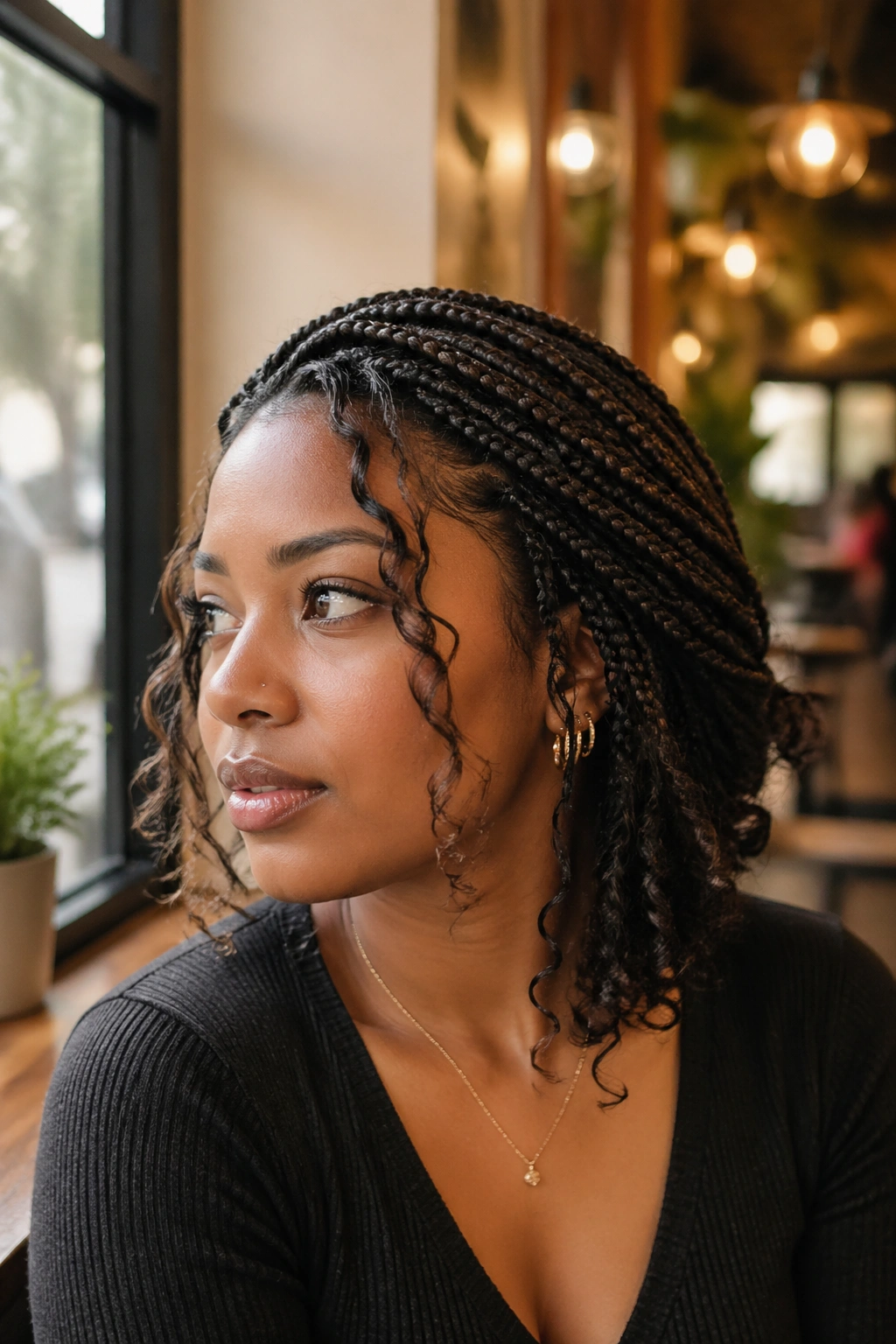 Close-up of side-swept medium box braids with face-framing curls on a real woman