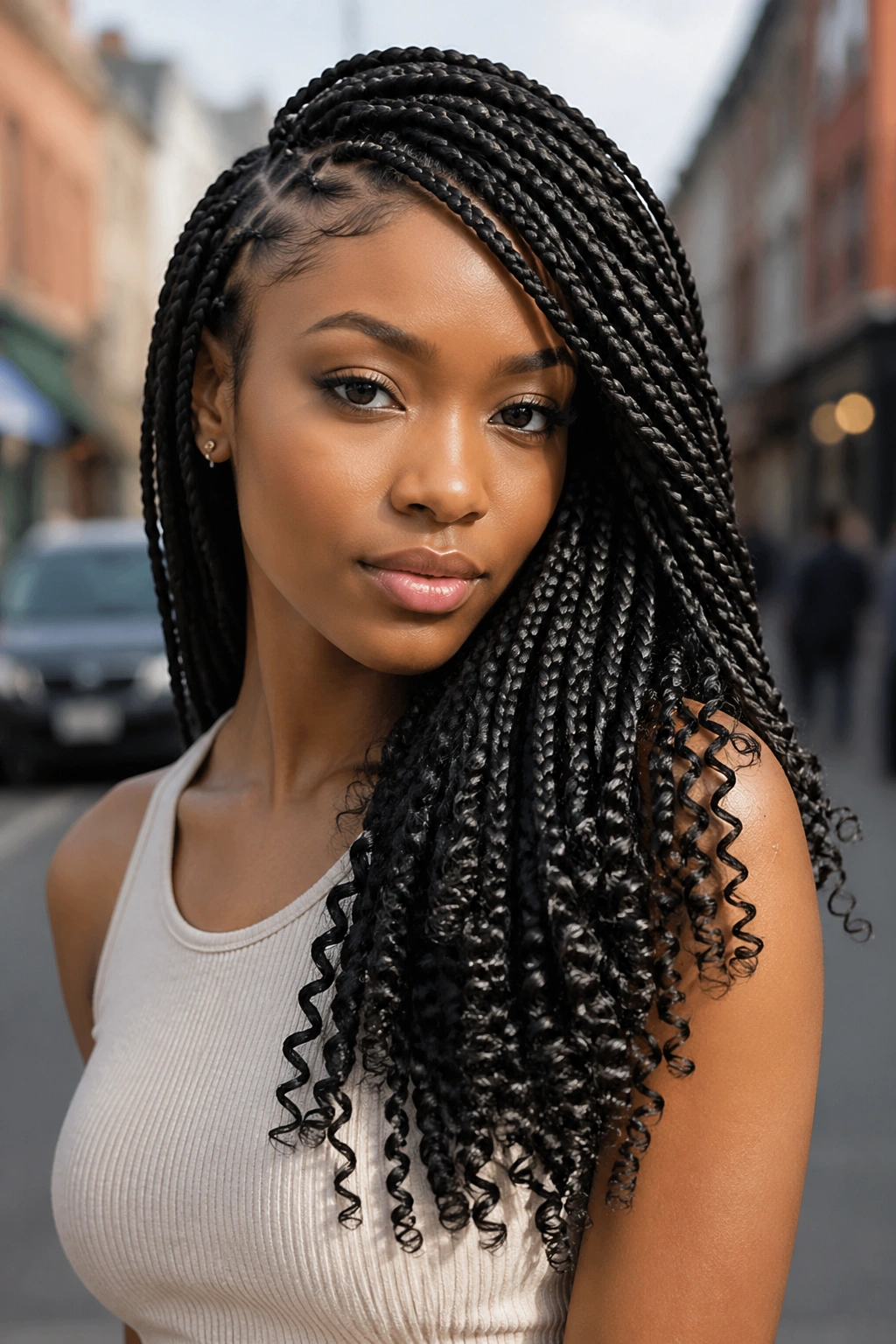 Close-up of a real woman with side-swept box braids and deep curl tails