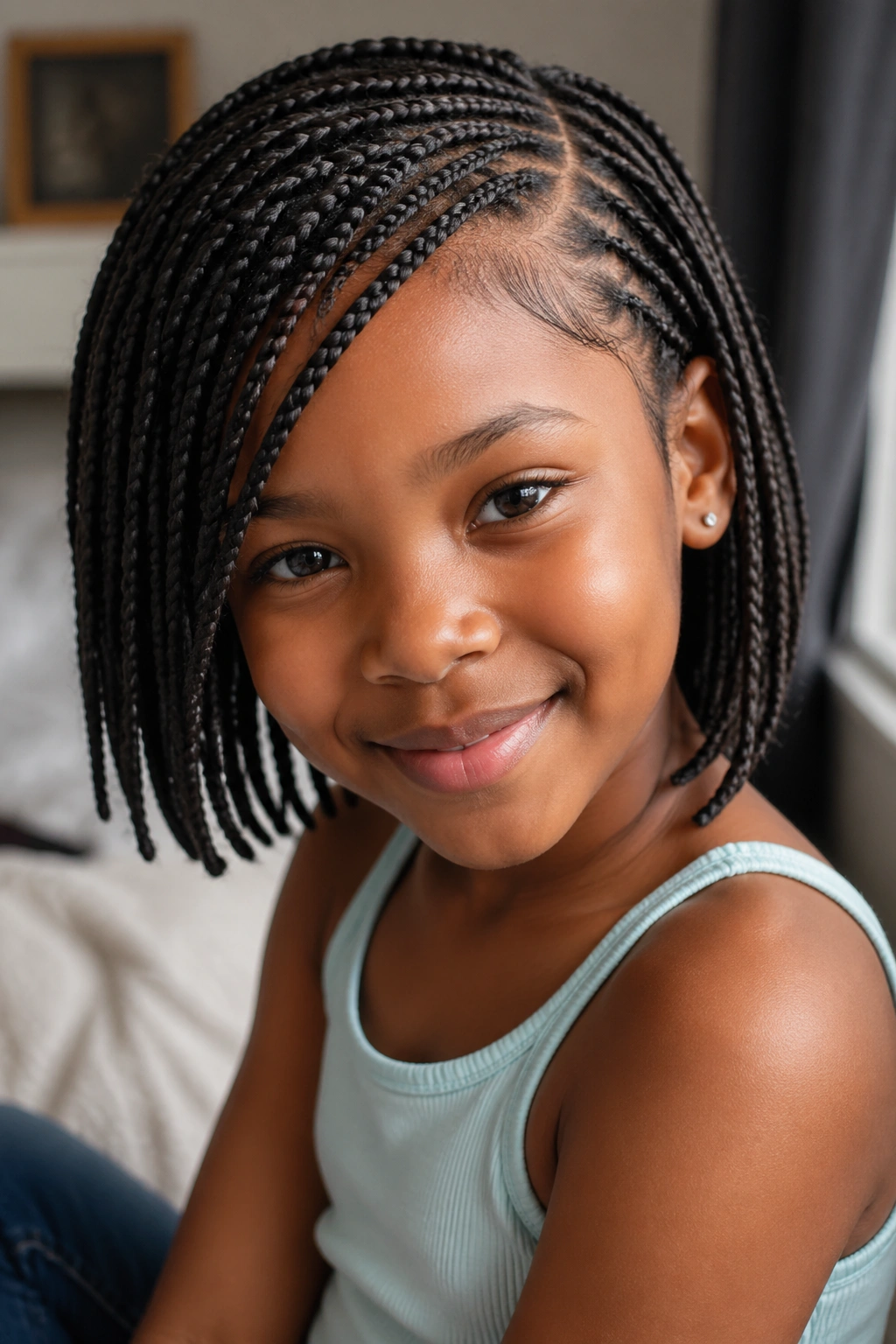 Girl with side-swept short box braids showing a deep side part