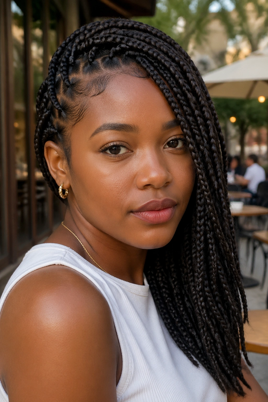 Close-up of a real person with side-swept box braids