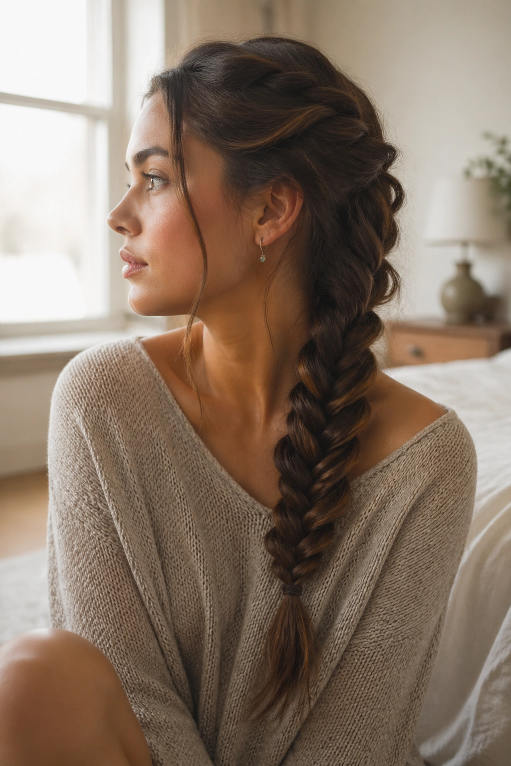 Profile view of a woman with a side-swept braid over the shoulder
