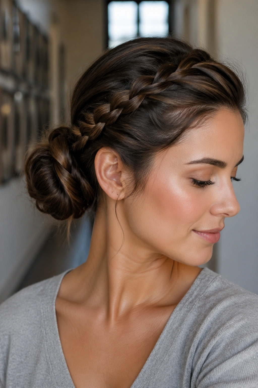 Close-up of a real woman with a side-swept French braid bun
