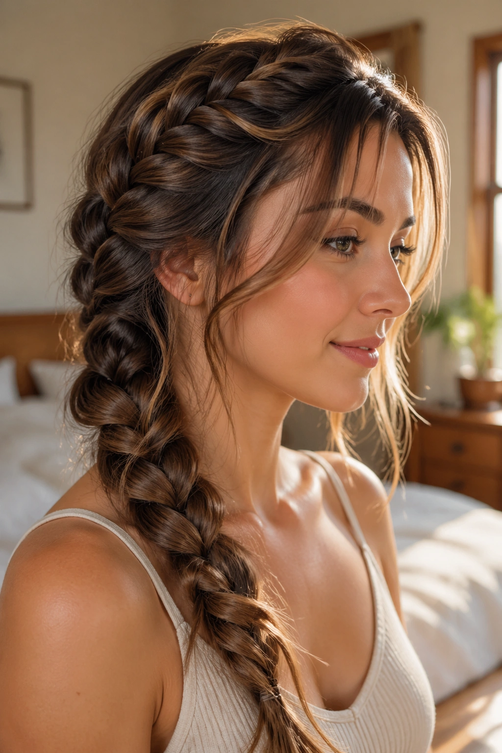 Close-up of a real woman's head with a side-swept French braid and soft face-framing pieces in warm window light.