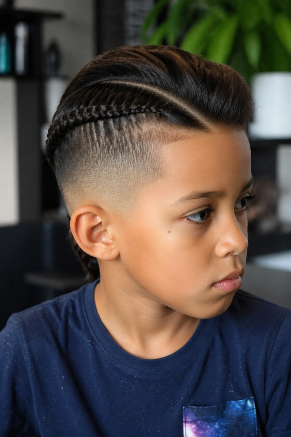 Three-quarter profile of a real boy showing a side-swept braid and a faded side