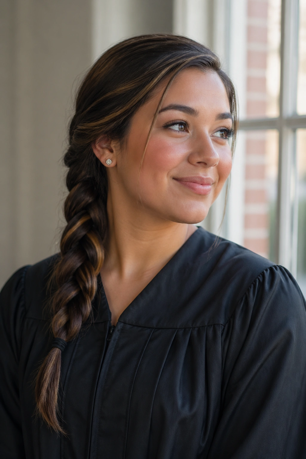 Three-quarter view of side-swept single braid on a real graduate
