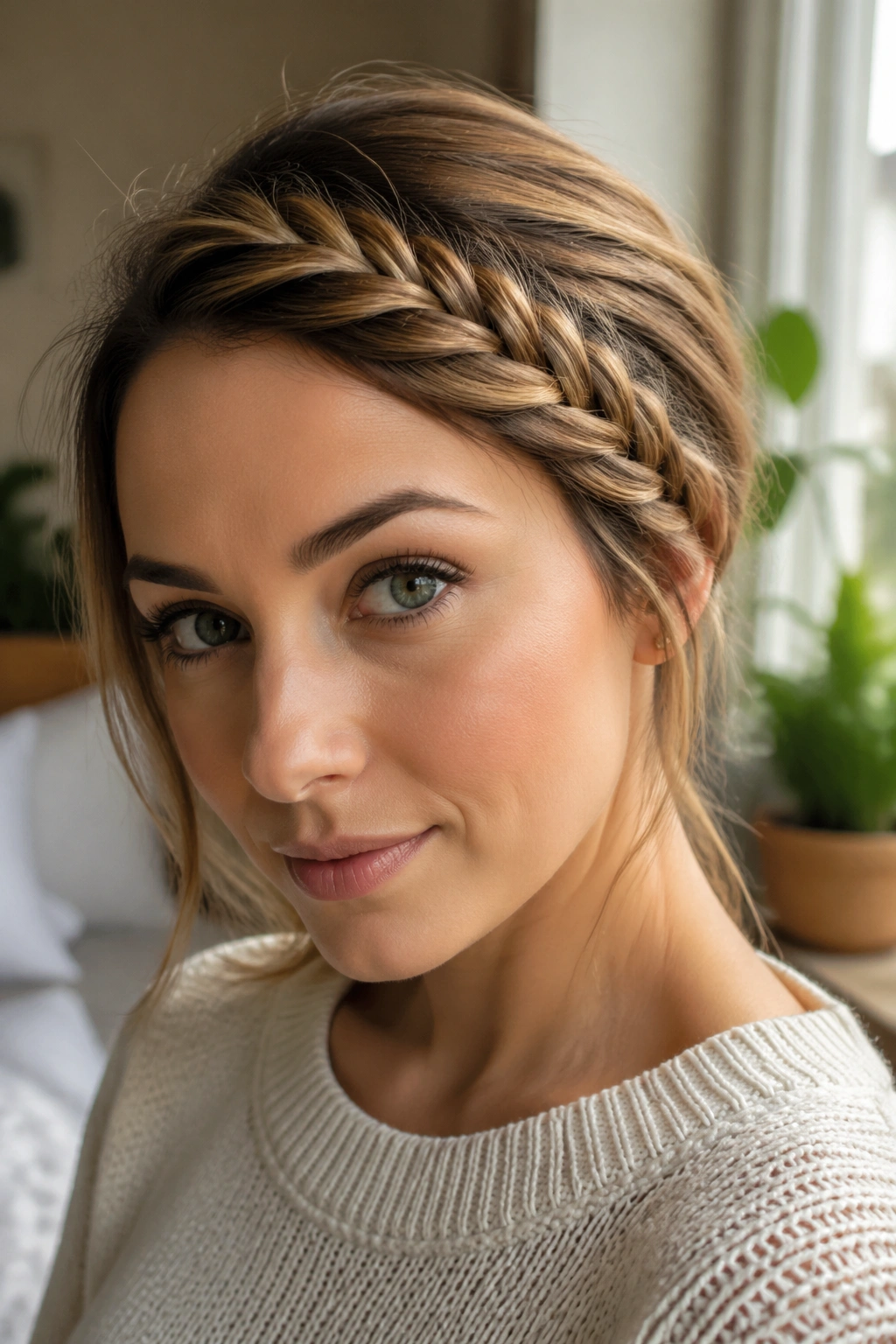 Close-up of a real woman wearing a side-swept braid headband across the forehead