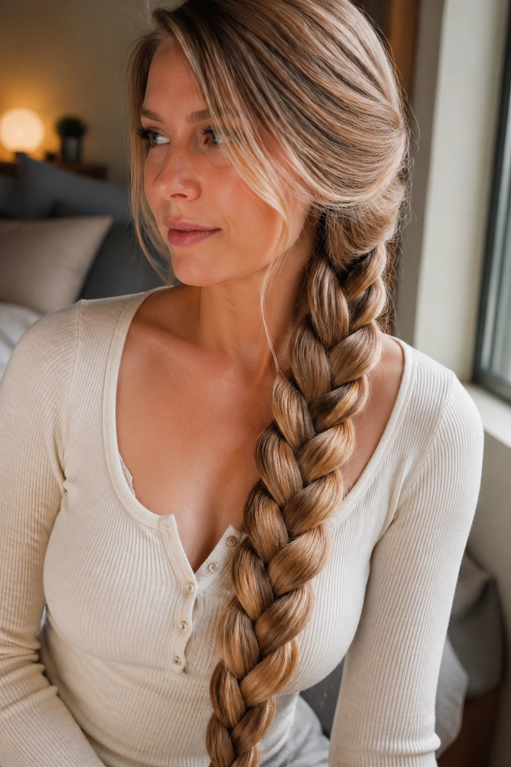 Close-up of a real woman's side-swept Rapunzel braid over one shoulder.