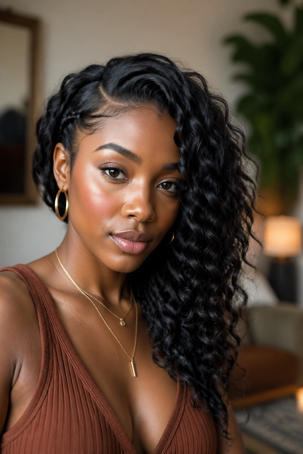 Close-up portrait of a real woman with side-swept braid-out and dramatic waves
