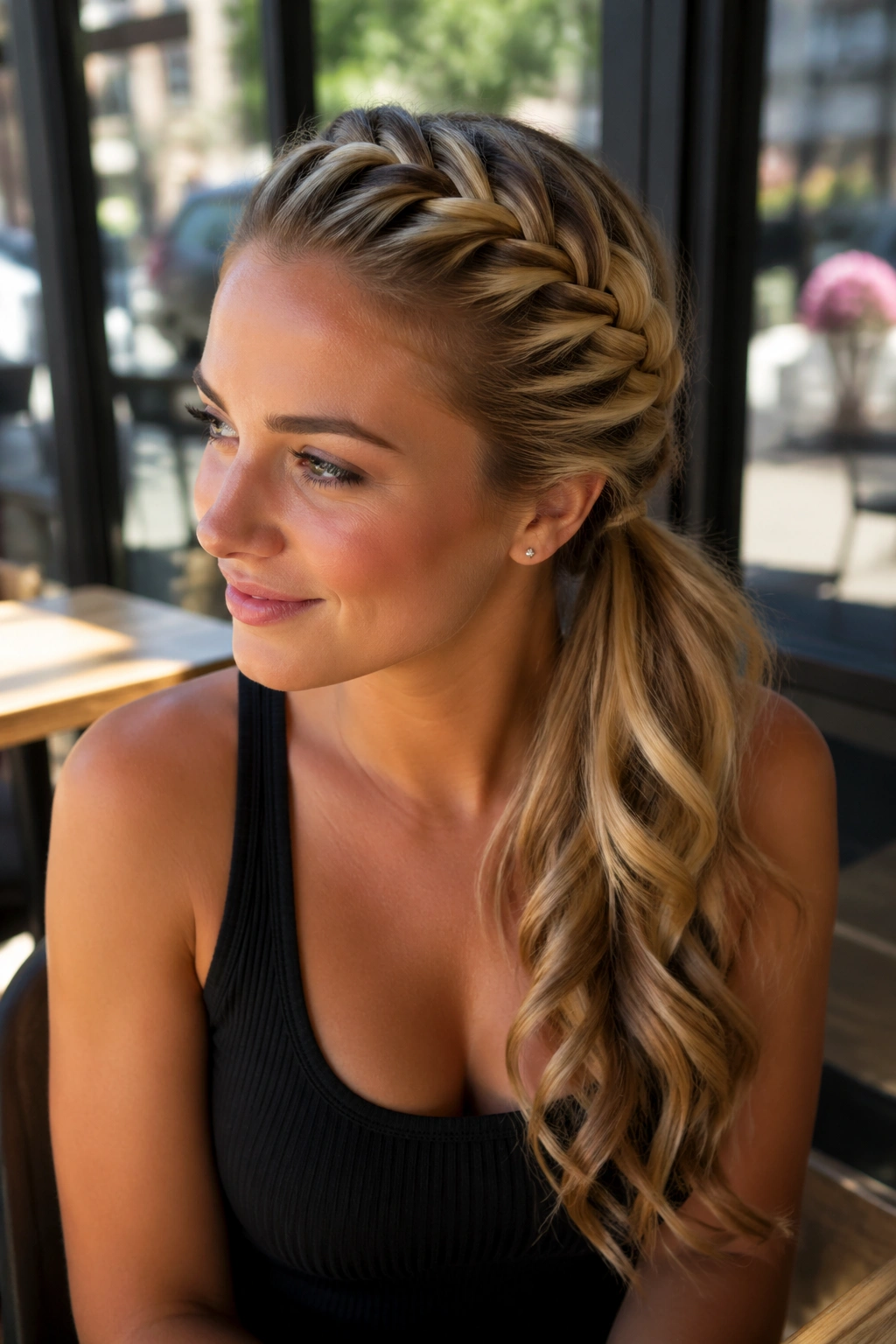 Close-up of a real woman with a side-swept French braid ponytail