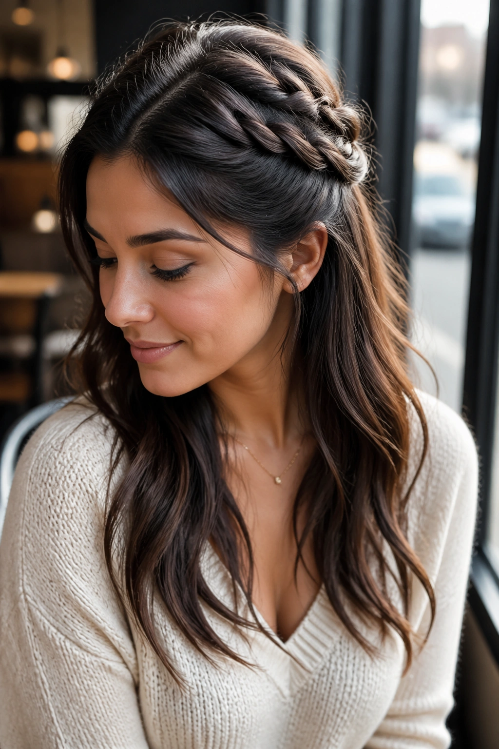 Close-up of a real woman wearing a side-swept half-up French braid.