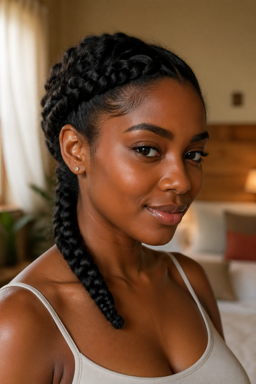 Close-up of a real woman with a side-swept braid in soft morning light