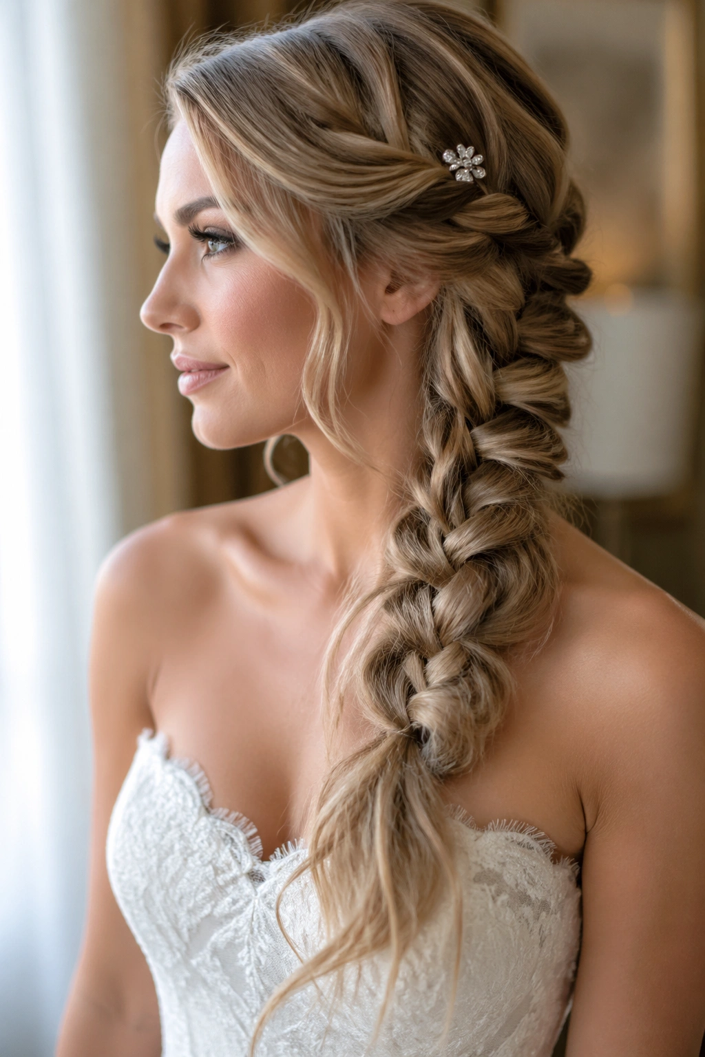 Profile of a bride with a side-swept braid and textured ends